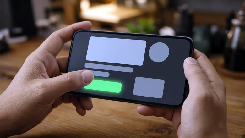 Hands holding a phone and tapping a glowing green approve button