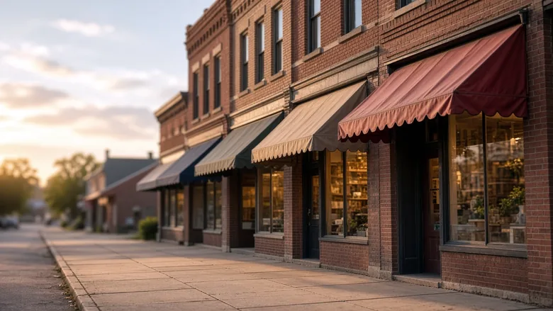 Brick storefronts with canvas awnings on a quiet Main Street