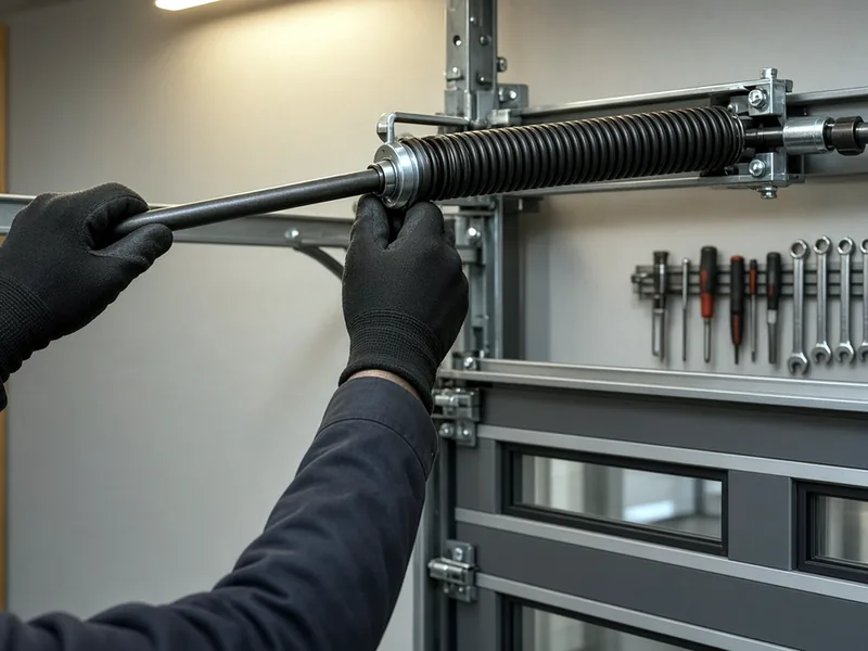Technician in gloves adjusting a garage door torsion spring