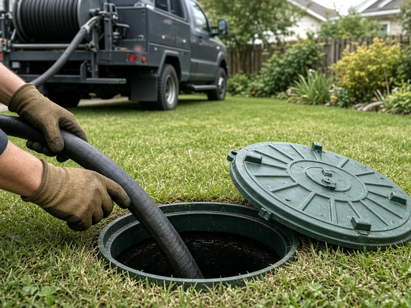 Gloved technician feeding a pump hose into an open septic tank lid in a backyard