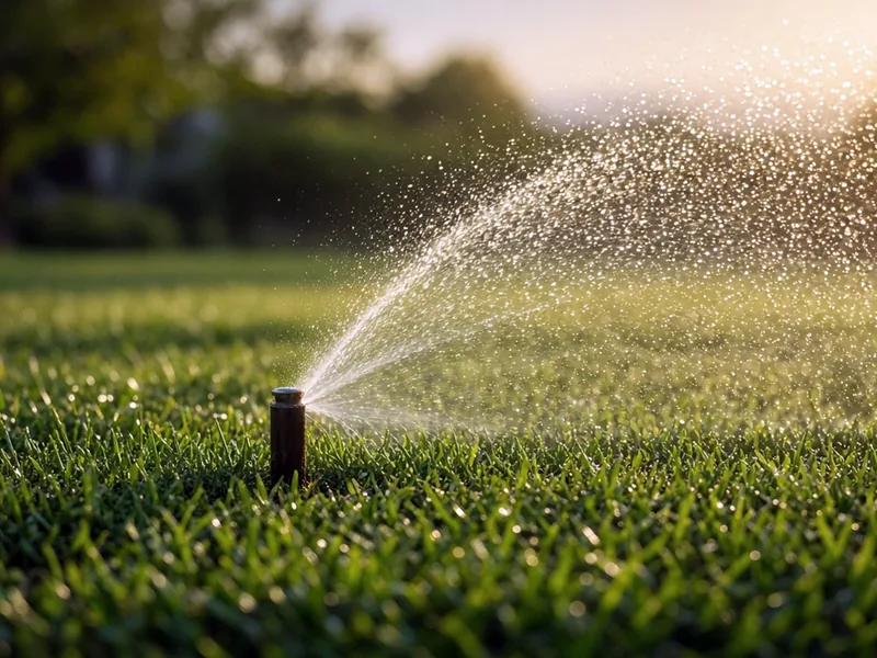Pop-up sprinkler arcing water across a green lawn at sunrise